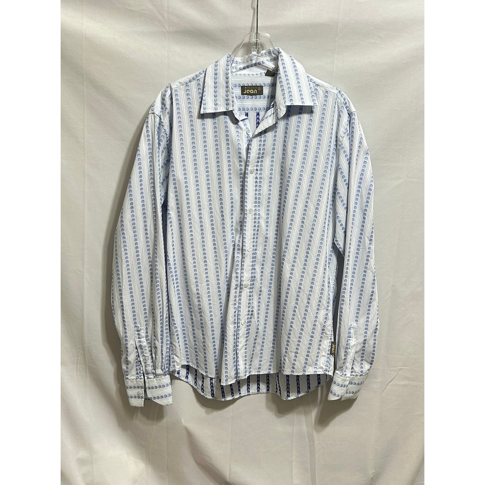 Ted‎ Baker Jean Mens Blue White Geometric Stripe Button Up Shirt Size 6 XXL